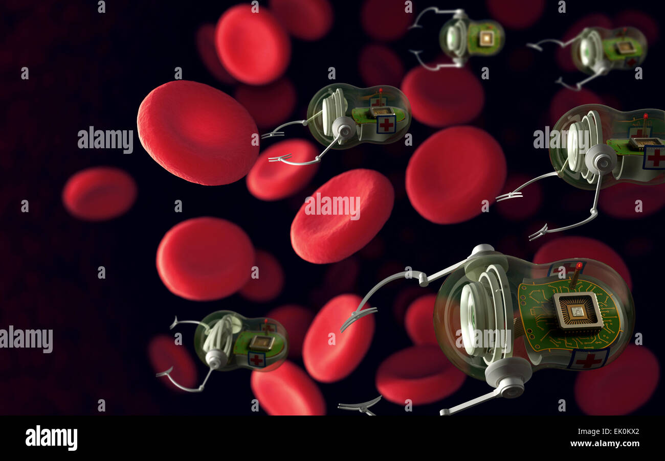 artwork, digitally generated, illustration, nobody, no one, no-one, 3d, 3 dimensional, three dimensional, biology, biological, blood, red blood cell, red, nanobots, nanorobots, immune system, health, technology, technological Stock Photo
