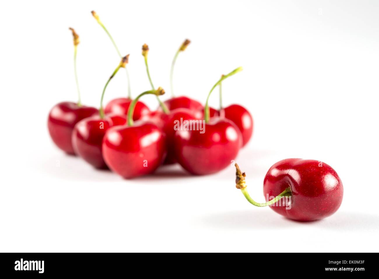 nobody, no one, no-one, healthy eating, fresh, food, food and drink, produce, fruit, studio shot, studio shots, still life, plain background, white background, medium group of objects, cherry, cherries, red, focus on foreground Stock Photo
