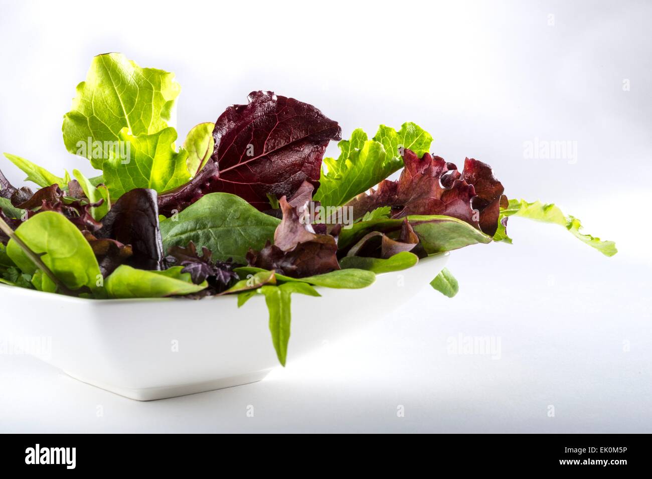 nobody, no one, no-one, healthy eating, fresh, food, food and drink, produce, vegetables, raw, plain background, white background, studio shot, studio shots, bowl, leaf, leaves, salad, lettuce, still life Stock Photo