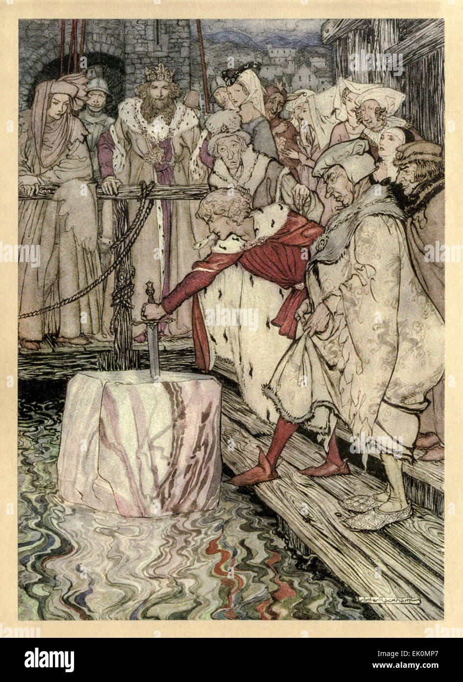 'How Galahad drew out the sword from the floating stone at Camelot.' from 'The Romance of King Arthur and his Knights of the Round Table', illustration by Arthur Rackham (1867-1939). See description for more information. Stock Photo