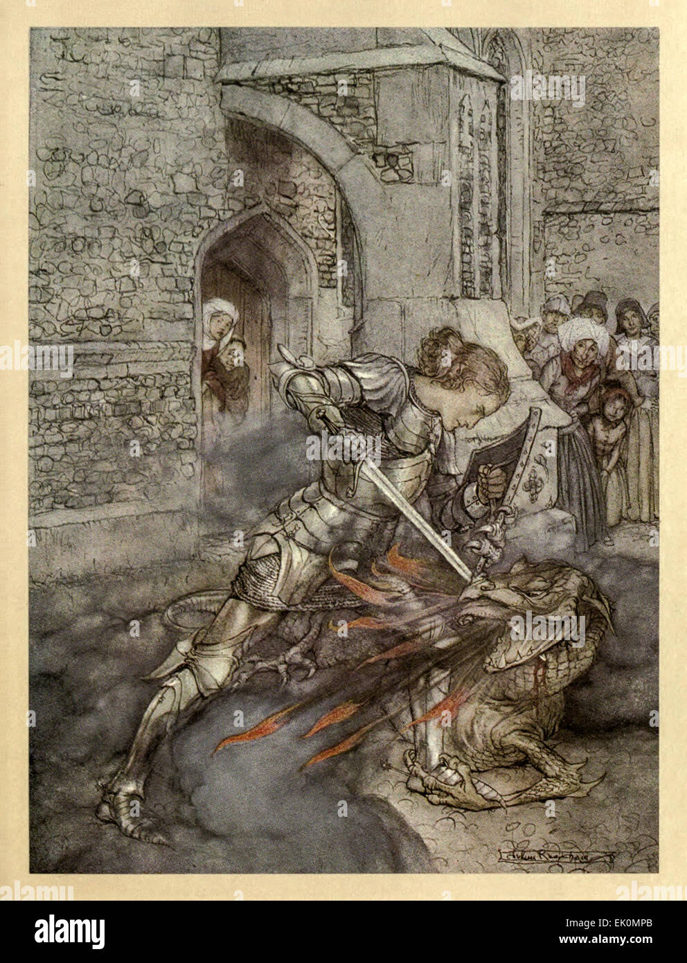 'How Sir Lancelot fought with a friendly dragon.' from 'The Romance of King Arthur and his Knights of the Round Table', illustration by Arthur Rackham (1867-1939). See description for more information. Stock Photo