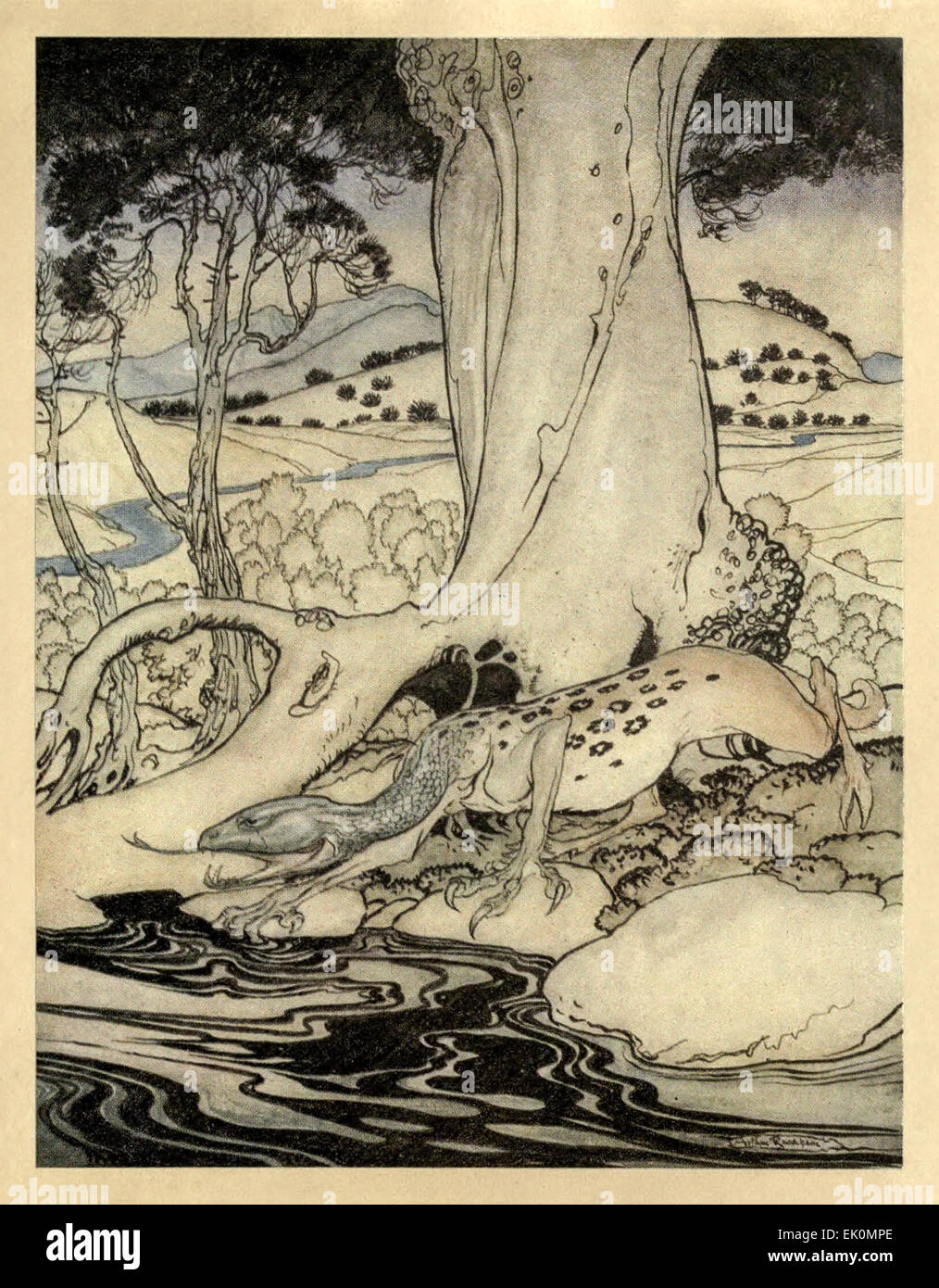 'The Questing Beast.' from 'The Romance of King Arthur and his Knights of the Round Table', illustration by Arthur Rackham (1867-1939). See description for more information. Stock Photo