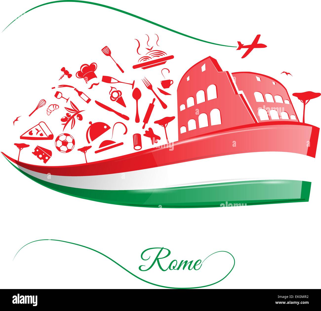 rome colosseum with food element on italian flag Stock Vector