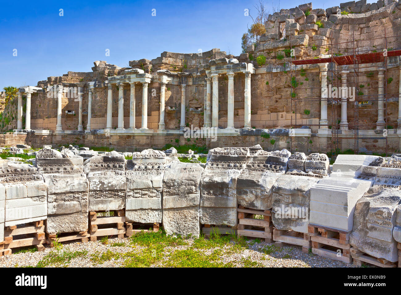 Roman ruins at the ancent town of Side in Turkey. Stock Photo
