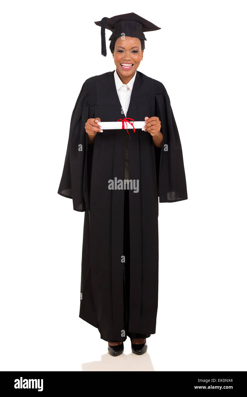 pretty female college graduate in gown and cap on white background ...