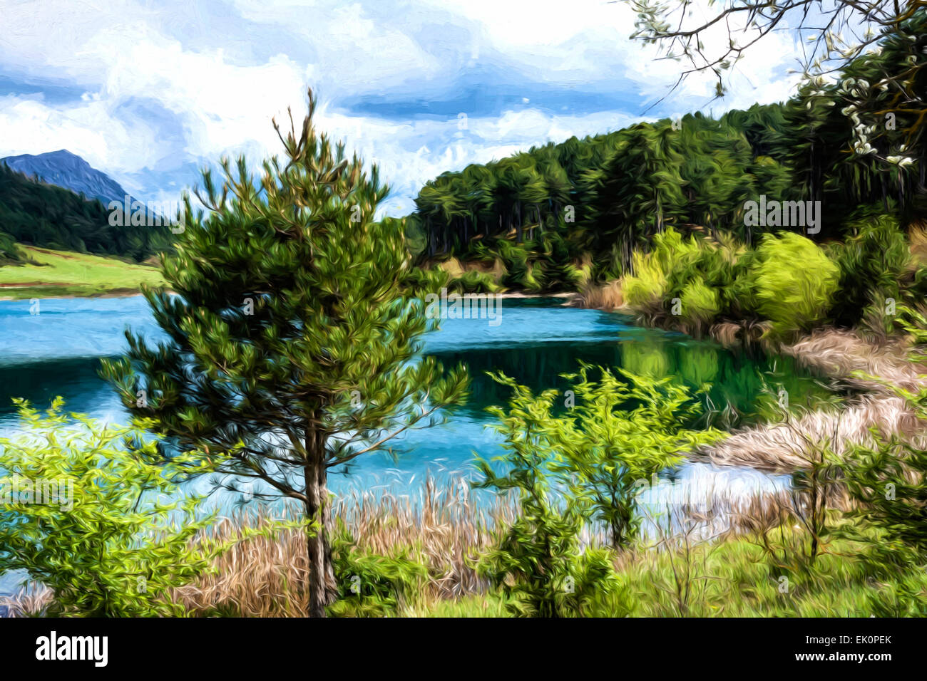 A blue lake under a cloudy sky - landscape. - Painting effect Stock ...