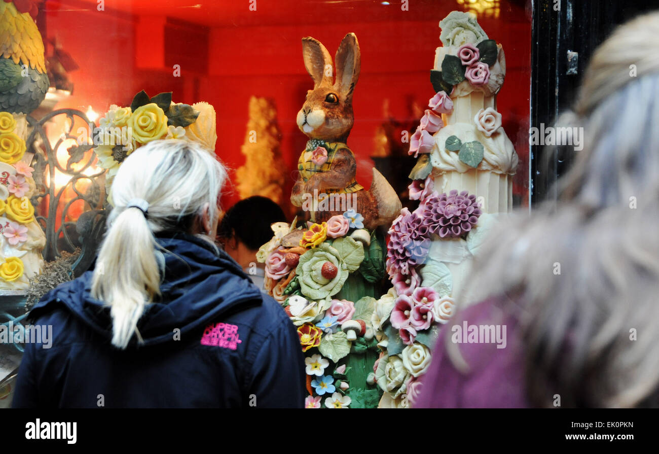Brighton UK 4th April 2015 - Shoppers flock to the famous Choccywoccydoodah shop in The Lanes Brighton to see and buy from their Easter displays The chocolatiers have become famous for their intricate and extravagant designs and recently appeared on a television documentary but has now closed down  Credit:  Simon Dack/Alamy Live News Stock Photo