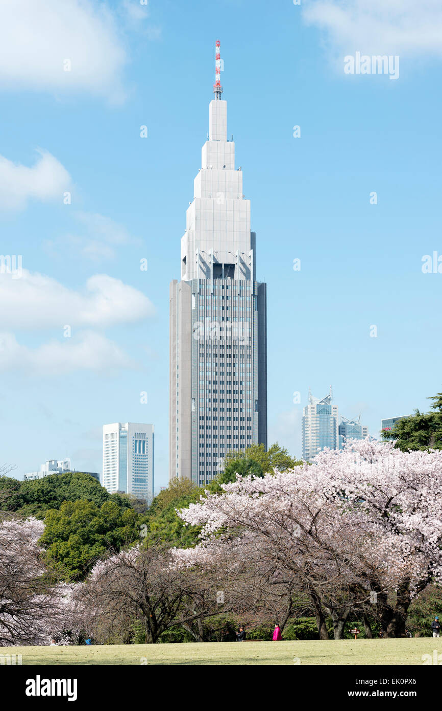 Cherry blossoms and the NTT DOCOMO Yoyogi Building, Shinjuku, Tokyo Stock Photo