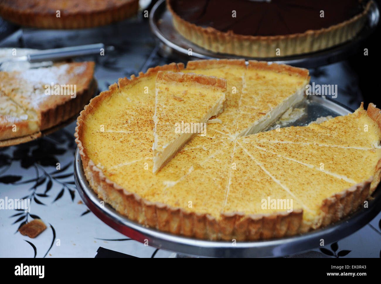 Brighton UK- A custard tart on display at the Brighton and Hove Spring Food and Drink Festival 