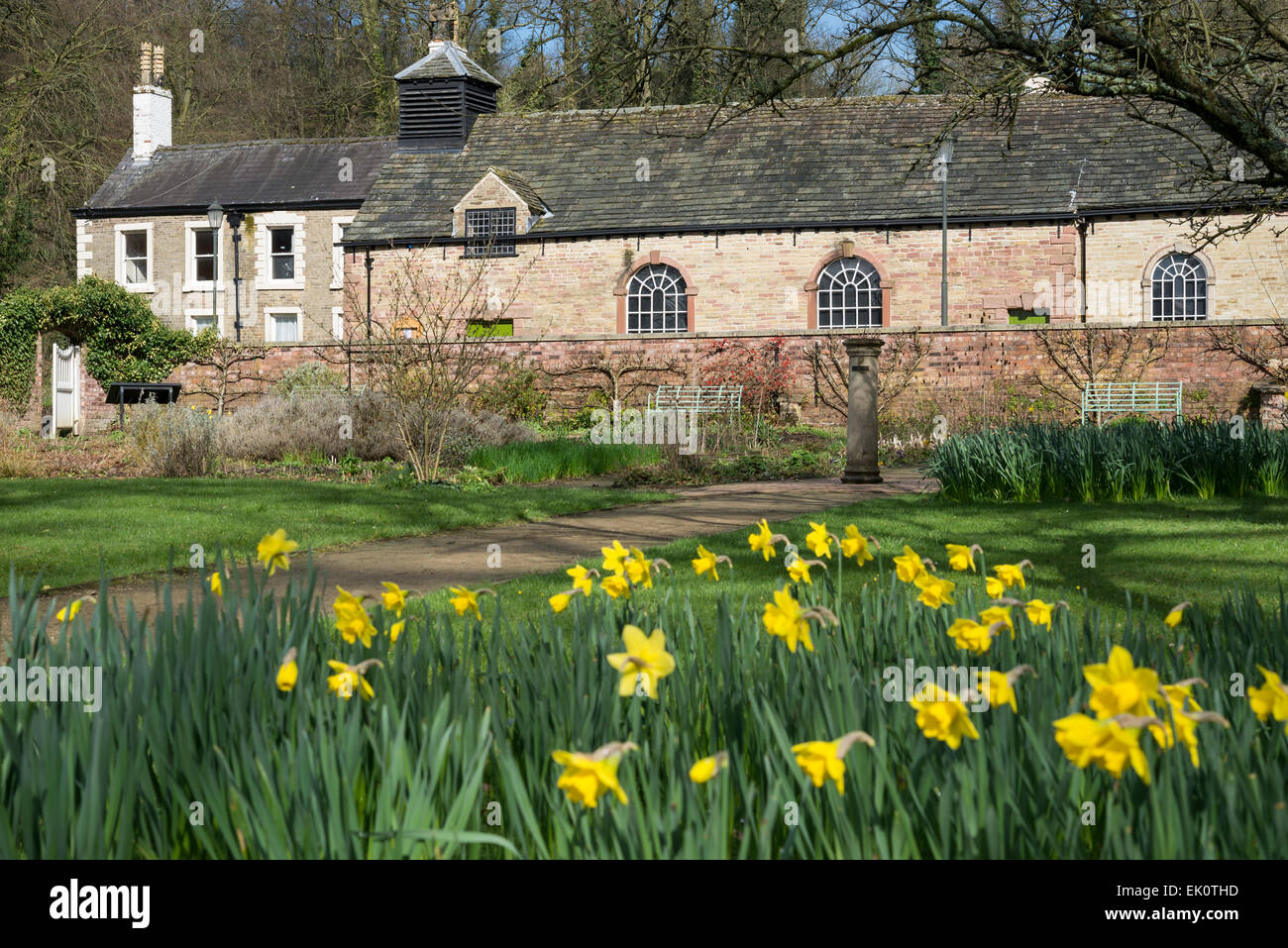 Chadkirk Chapel and walled garden near Romiley, Stockport. A sunny spring morning. Stock Photo