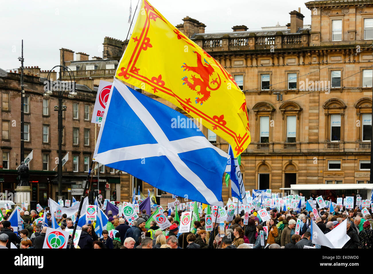 More than 2000 demonstrators took part in an Anti Trident and anti nuclear protest march in Glasgow, starting in George Square and parading through the city centre. Several politicians took part including Patrick Harvie, MSP, the leader of the Scottish Green Party Stock Photo