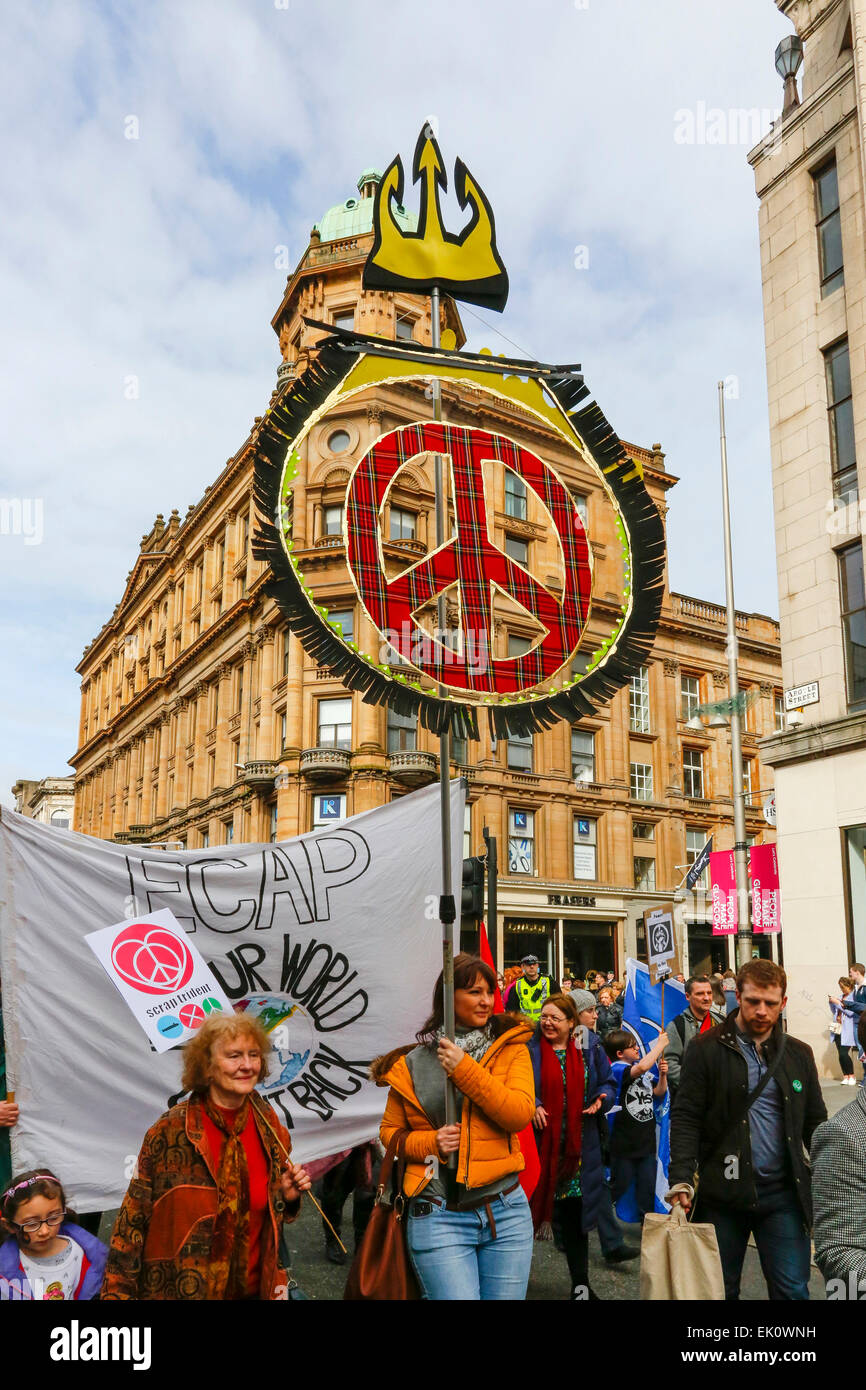 More than 2000 demonstrators took part in an Anti Trident and anti nuclear protest march in Glasgow, starting in George Square and parading through the city centre. Several politicians took part including Patrick Harvie, MSP, the leader of the Scottish Green Party Stock Photo