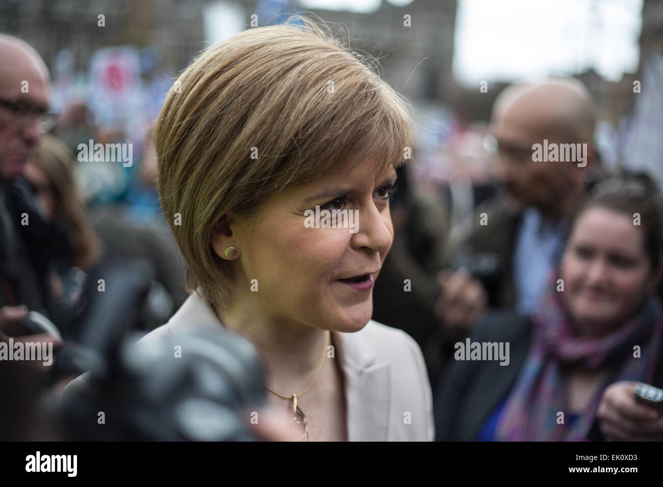 Glasgow, Scotland, UK. 4th April, 2015. Nicola Sturgeon, First Minister of Scotland and leader of the Scottish National Party, speaks at an anti-Trident demonstration, in George Square, Glasgow, Scotland, on 4th April 2015. Credit:  jeremy sutton-hibbert/Alamy Live News Stock Photo