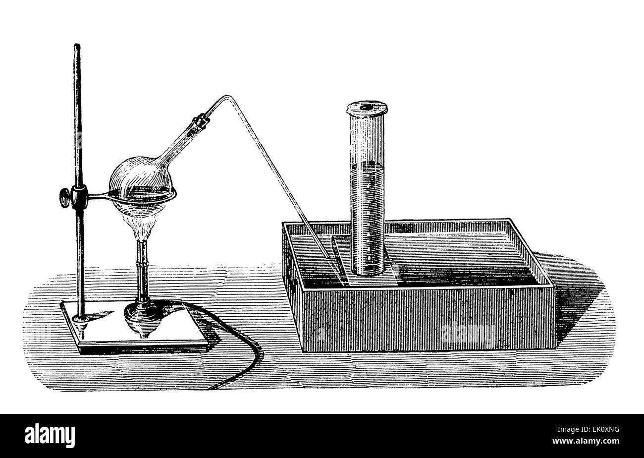 Vintage chemistry engraving: a simple device to extract oxygen from potassium chlorate. The potassium chlorate was heated in a flask and the resulting gas was collected in a closed cylinder immersed in water, where the water acted as a sealant to prevent air from contaminating the product. Stock Photo