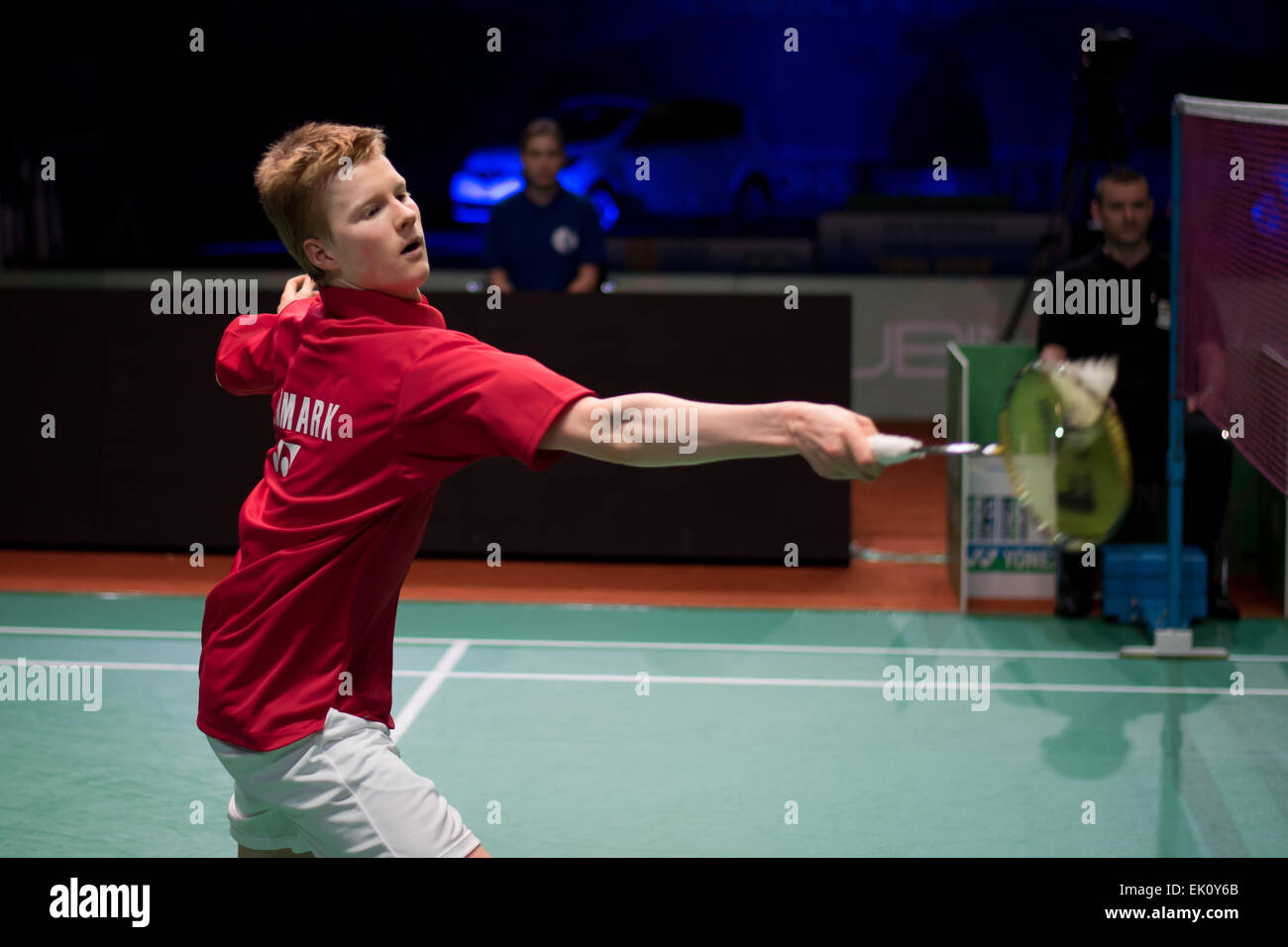 Lubin, Poland. 4th April, 2015. Final of individual tournament in badminton during European Junior Championships 2015. Match between Antonsen Anders from Denmark (red) - Max Weisskirchen from German (black) Credit:  Piotr Dziurman/Alamy Live News Stock Photo