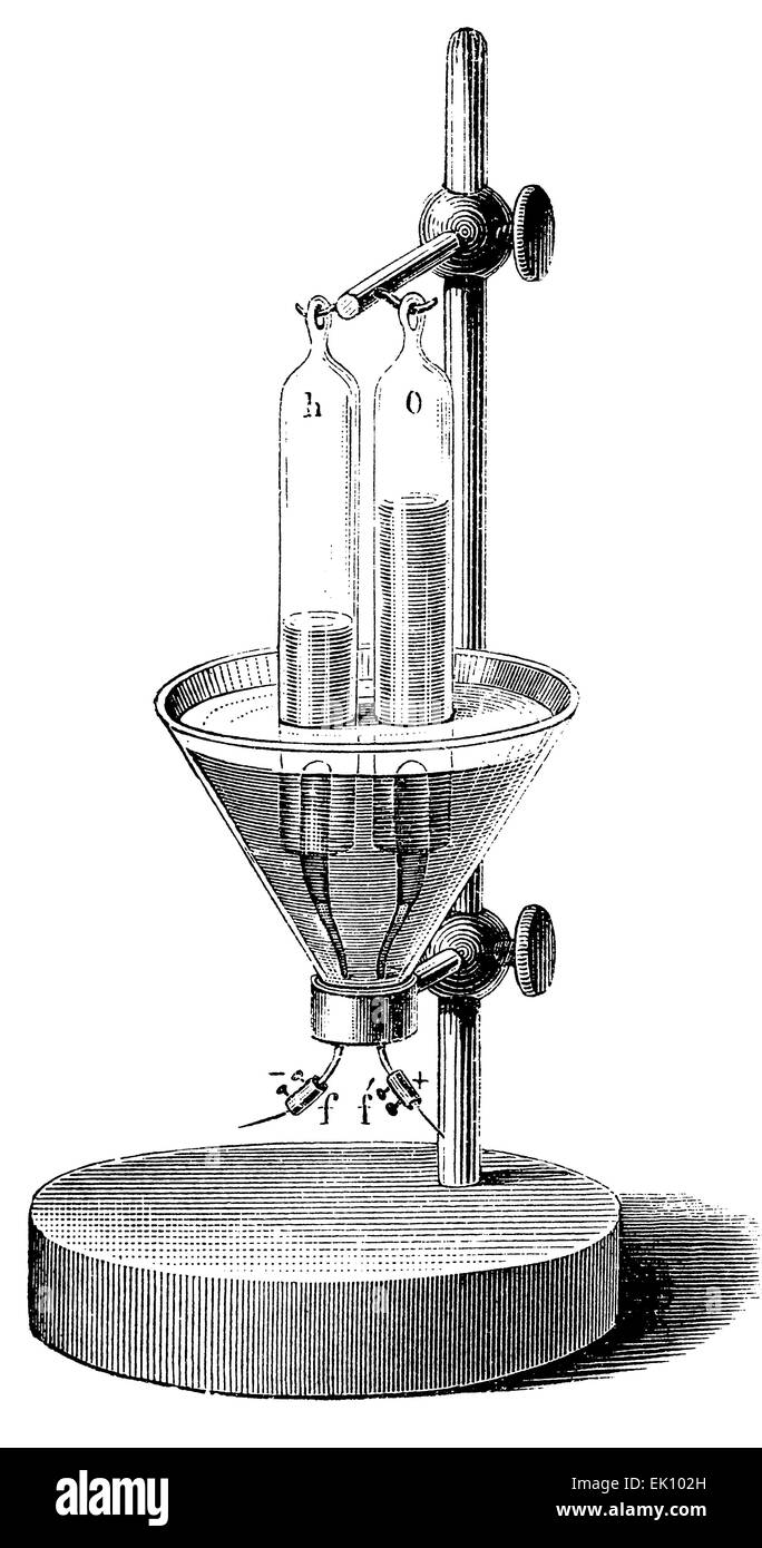 Vintage chemistry engraving - When the electrolysis was still a child...The funnel and the two single-mouthed cylinders were initially filled with slightly acidulated water (a small amount of sulphuric acid). In each cylinder was set a platinum electrode. As the contraption was connected to a battery and current  began to flow, in the cylinder with the negative electrode twice as much gas formed as in the other one. Stock Photo