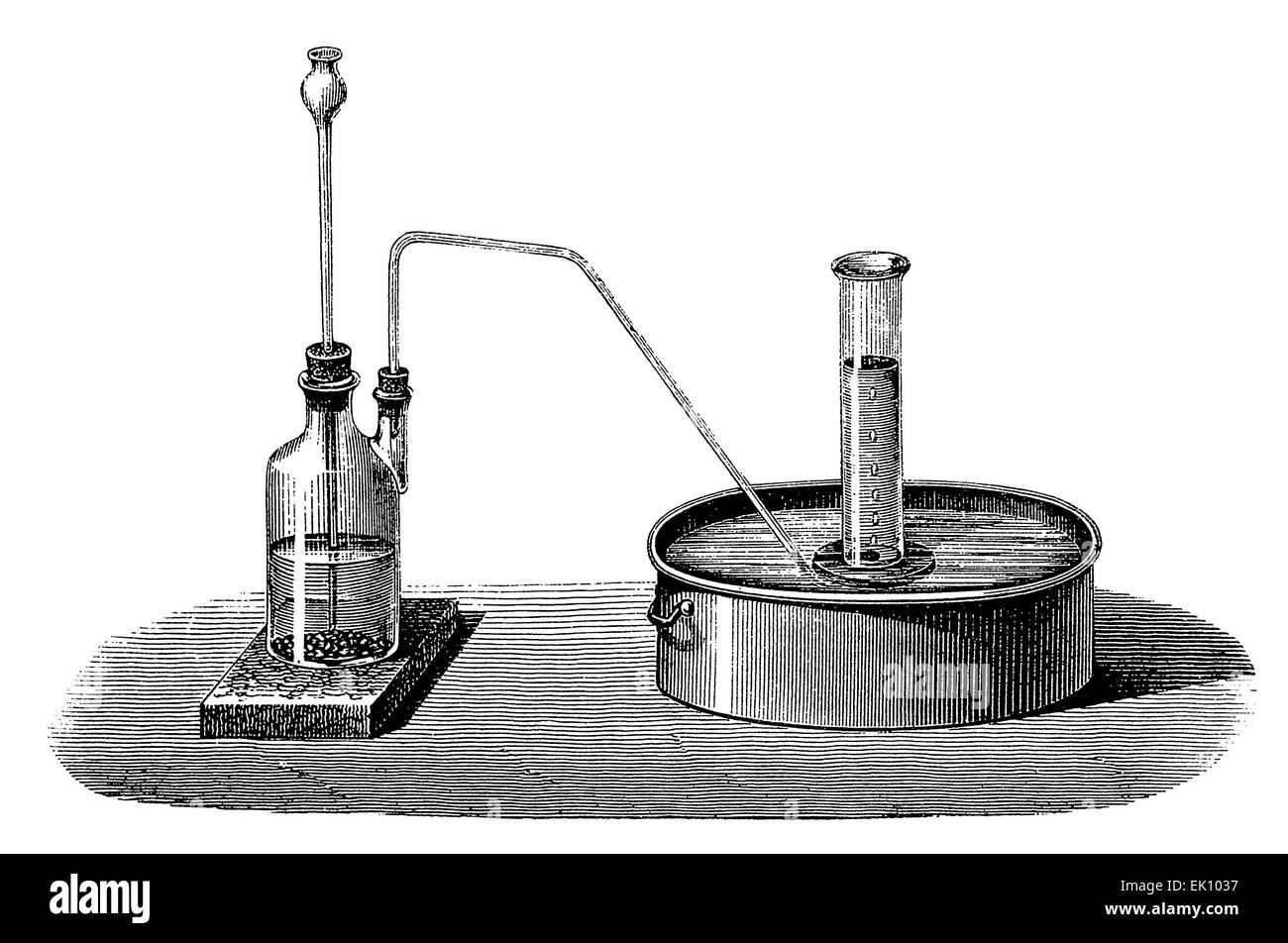 Vintage chemistry engraving -  An easy way to obtain hydrogen at room temperature. Byts of zinc were put on the bottom of a bottle; an 1:8 sulphuric acid solution was poured through the primary neck thus binding the water oxygen as zinc oxide, and the resulting hydrogen was collected through the secondary neck and trapped in a water-filled cylinder closed on top and immersed in water. Stock Photo