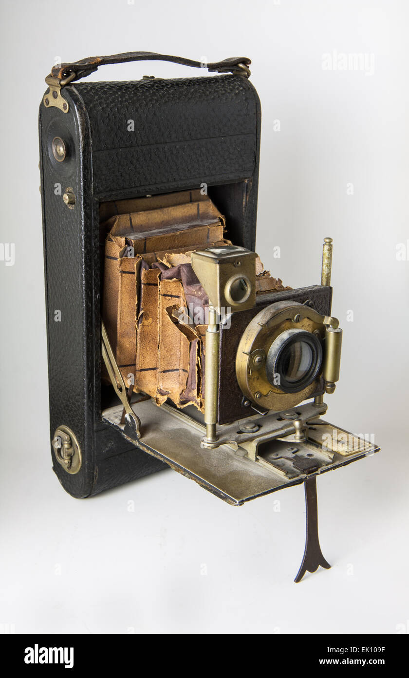 closeup of old bellows camera with slabs of exposure Stock Photo