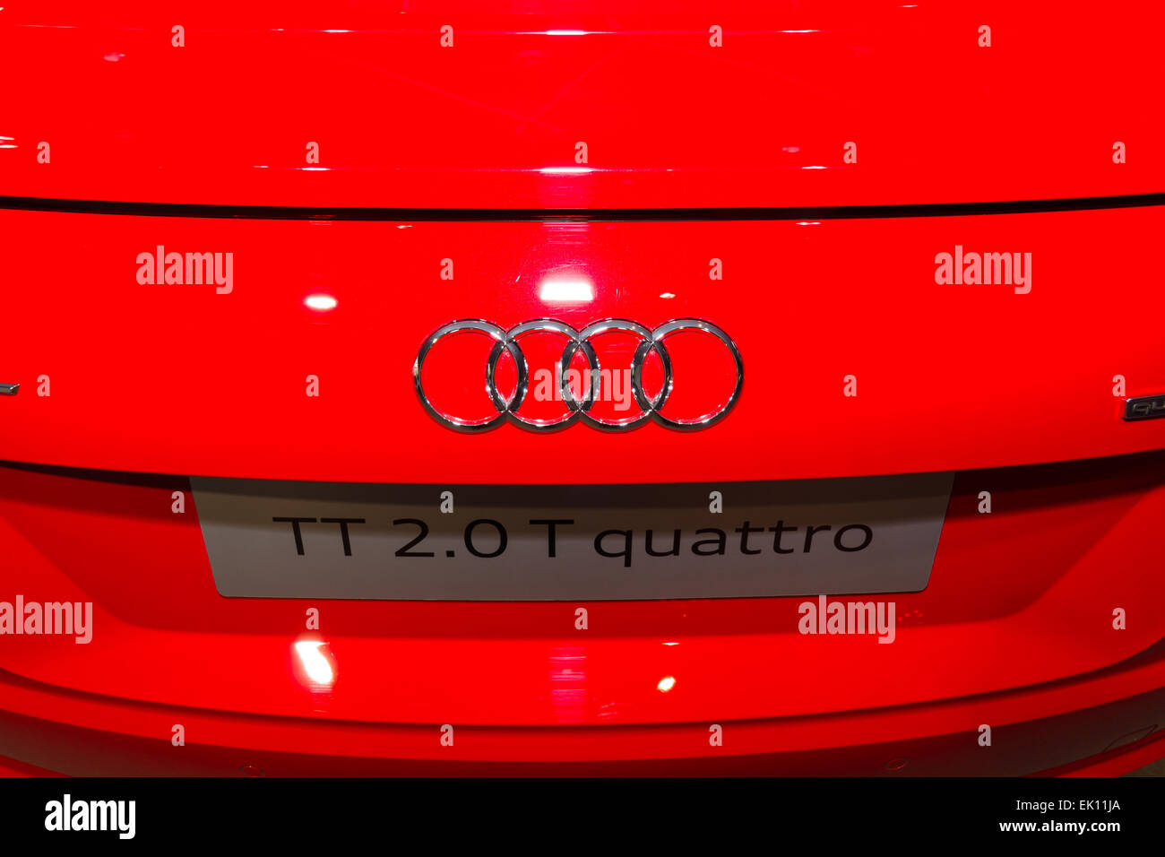 Showroom. Emblem of a sports car Audi TT 2.0 T quattro (2014). Audi AG