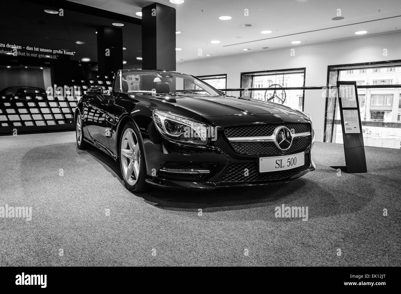 BERLIN - JANUARY 24, 2015: Sports car Mercedes-Benz SL500 (R231). Black and white. Produced since 2012. Stock Photo