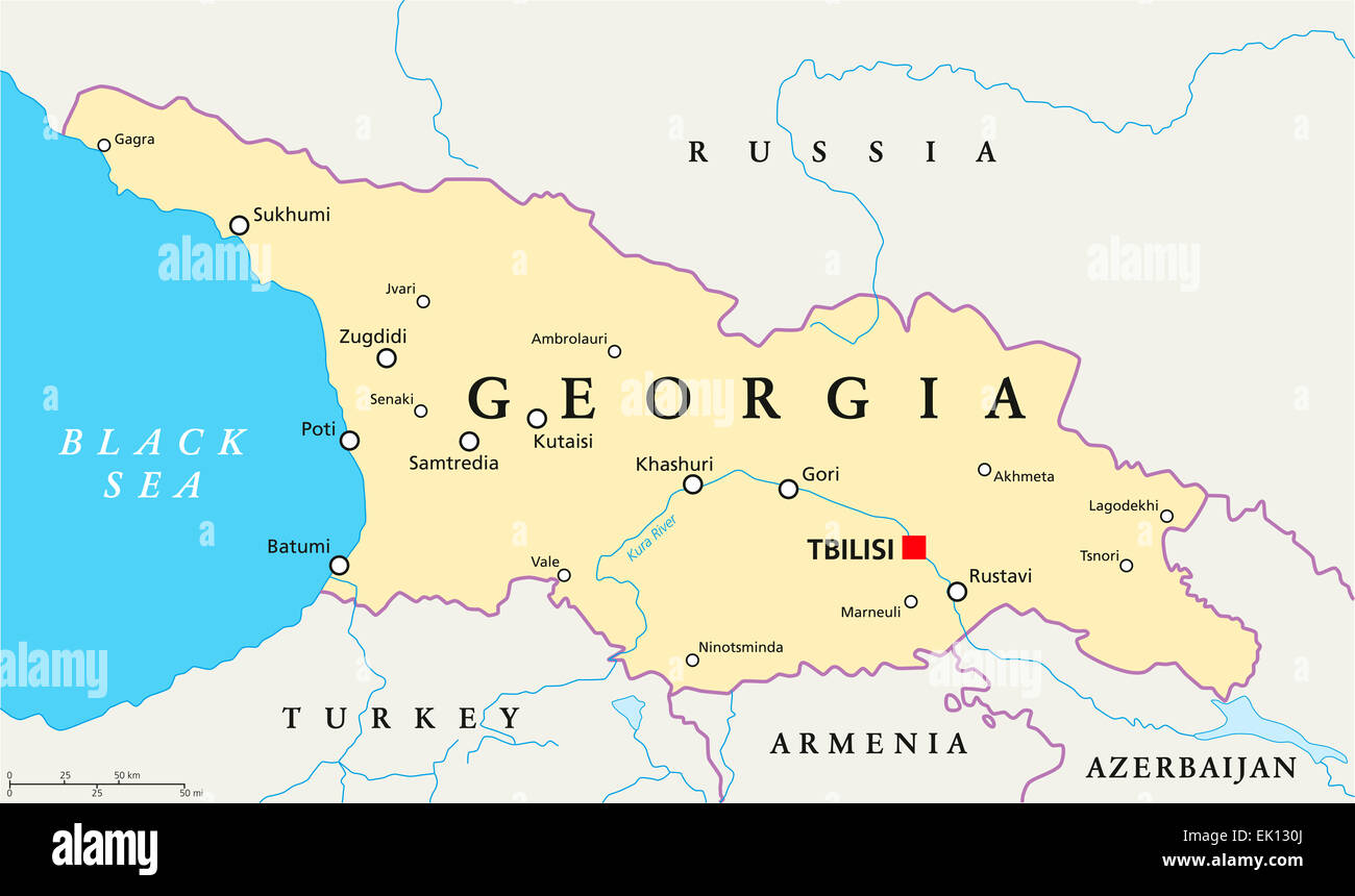 Georgia Political Map with capital Tbilisi, with national borders, important cities, rivers and lakes. English labeling. Stock Photo