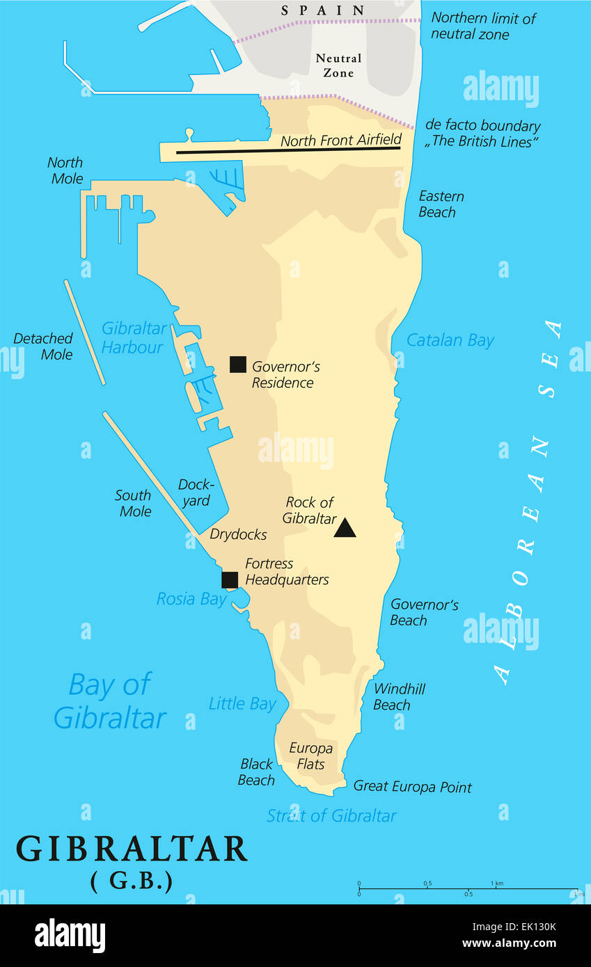Gibraltar Political Map of the British Oversea Territory. English labeling and scaling. Illustration. Stock Photo