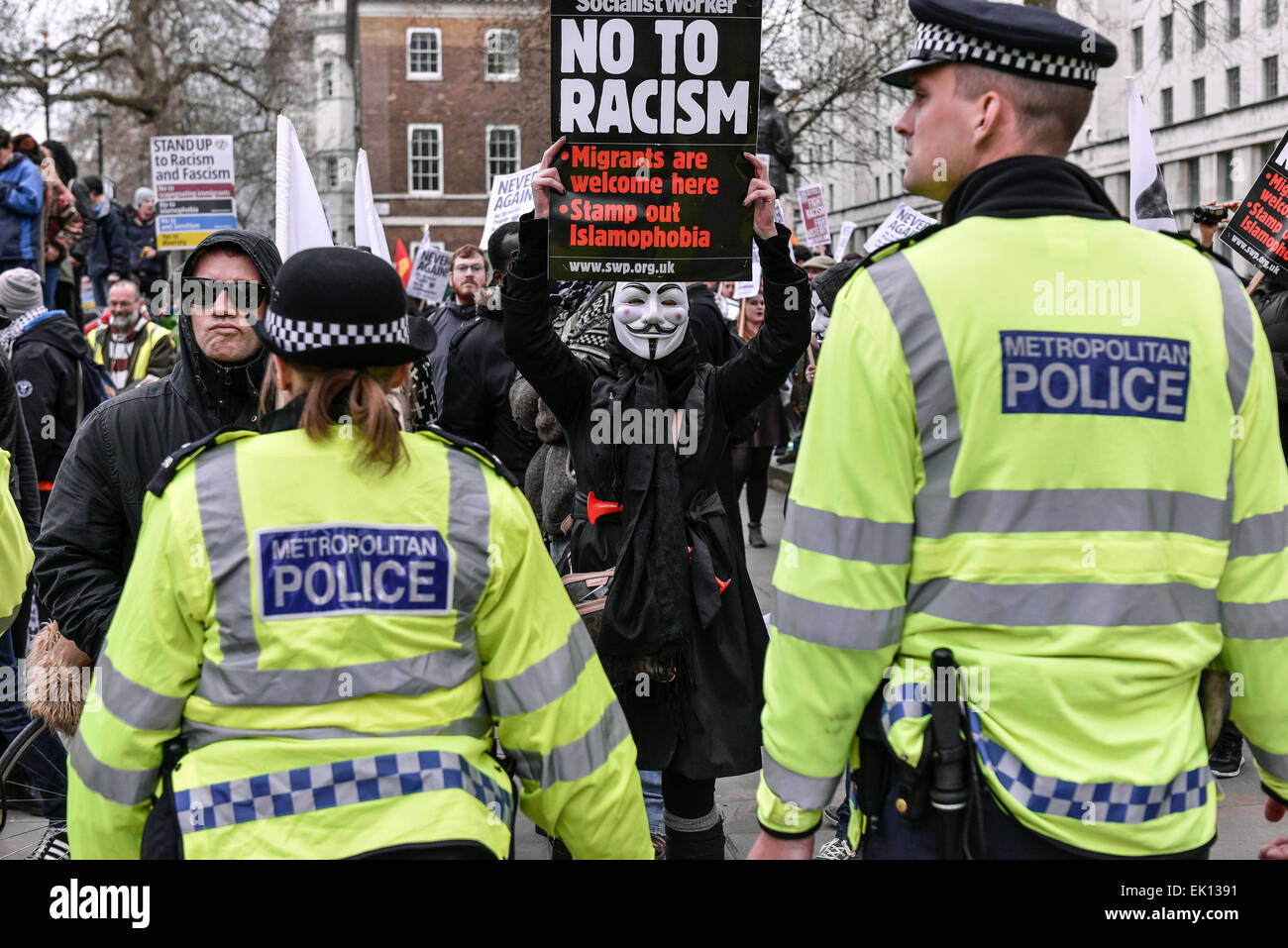 London, UK. 4th April, 2015. Members of Pegida, demonstrated in Whitehall today as police clashed with anti-fascists.  Photographer Credit:  Gordon Scammell/Alamy Live News Stock Photo