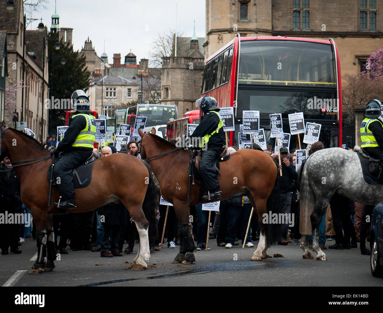 Oxford, UK. 4th April, 2015. St Aldates blocked by police during EDL march through Oxford,UK Credit:  roger askew/Alamy Live News Stock Photo