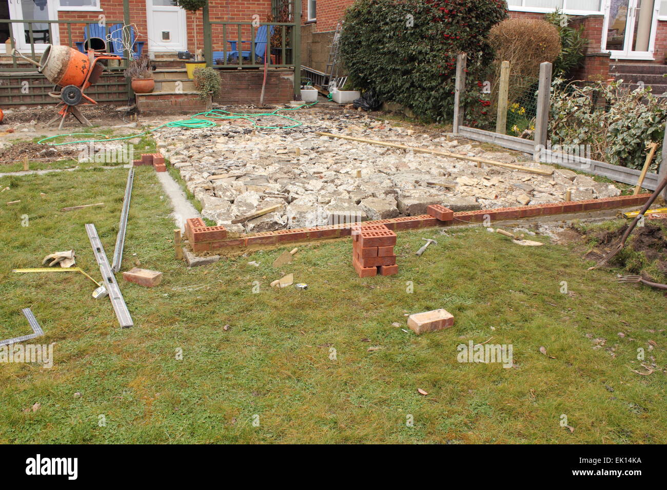 The construction and Building of a natural stone patio Stock Photo Alamy