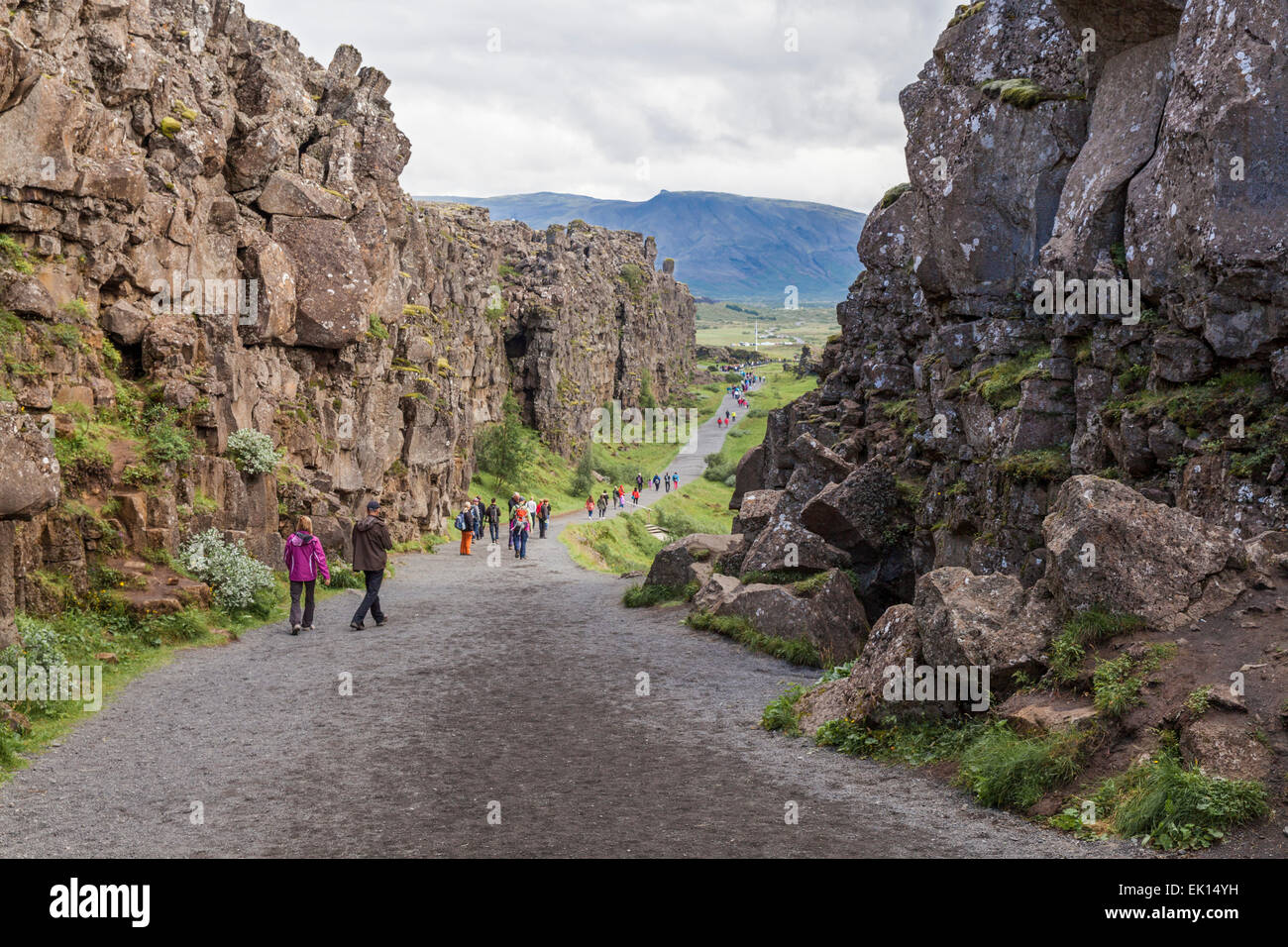 Walking through the cliffs in Thingvellir National Park in Iceland Stock Photo