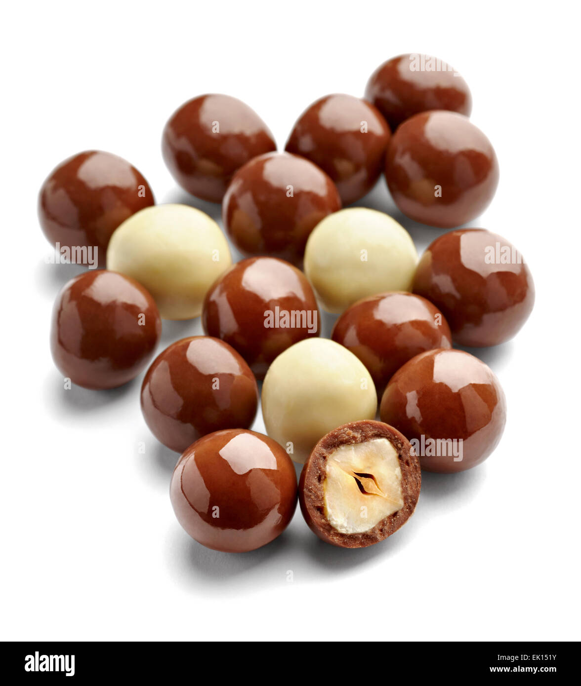 close up of  chocolate candy with nuts on white background Stock Photo