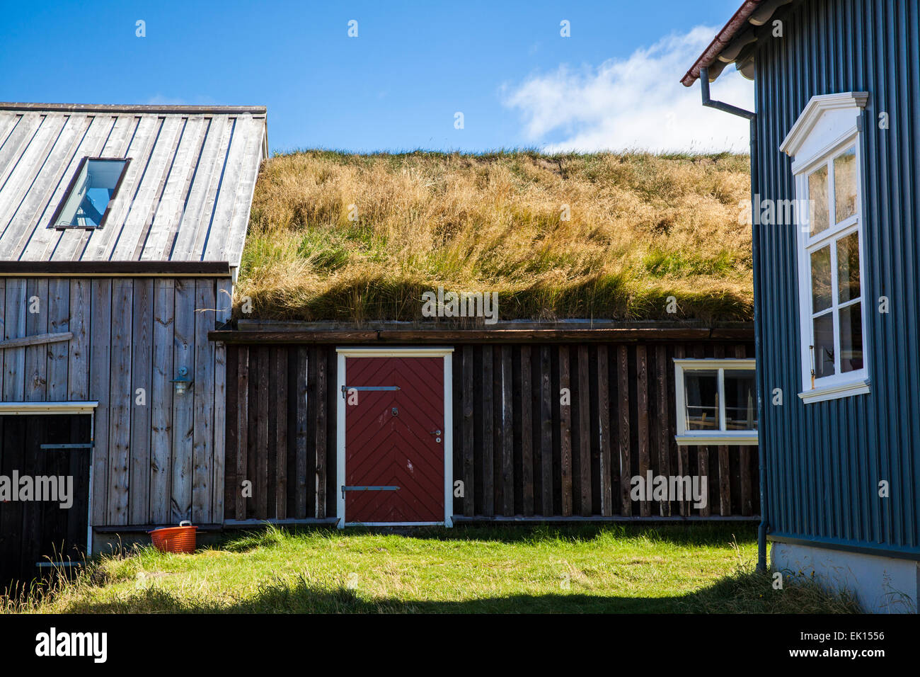 A grass roof turf house on Flatey Island Iceland. Stock Photo