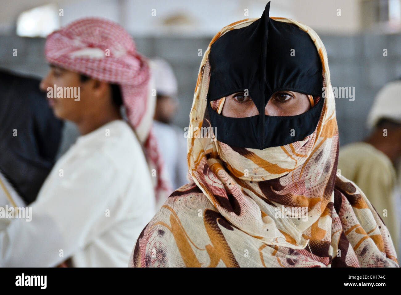 Bedu (Bedouin) people at animal market in Sinaw, Oman Stock Photo