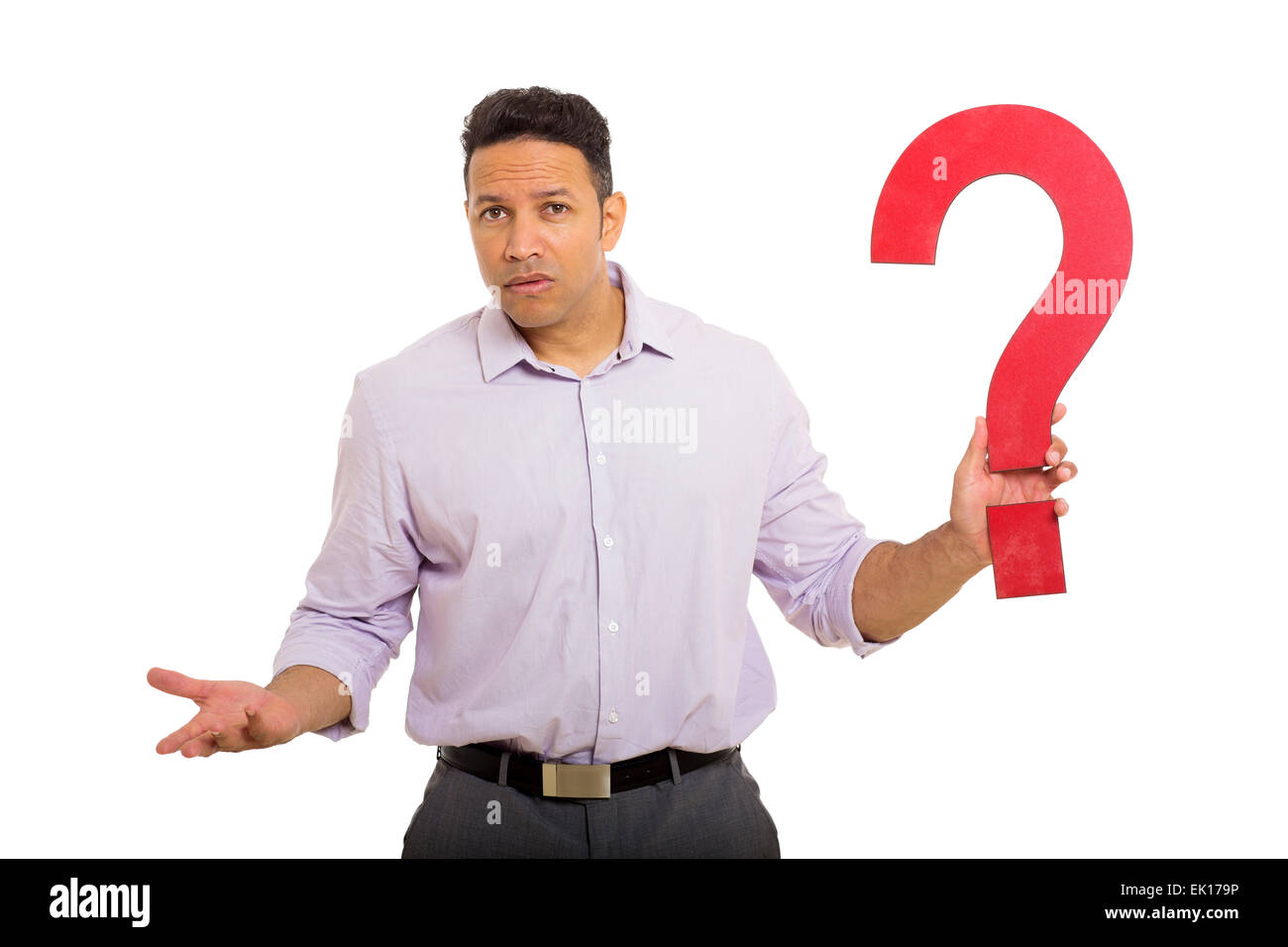 confused man holding question mark on white background Stock Photo Alamy