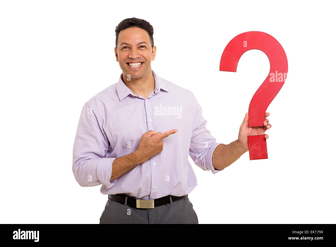 portrait of happy businessman pointing red question mark isolated on white Stock Photo