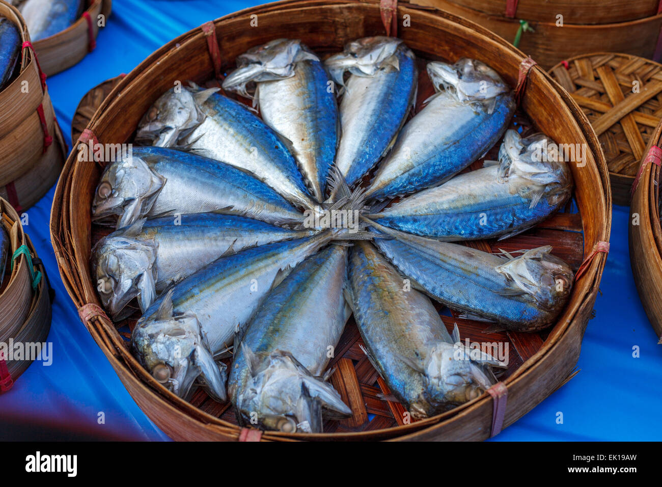 Mackerel fish sold in a wooden box Stock Photo