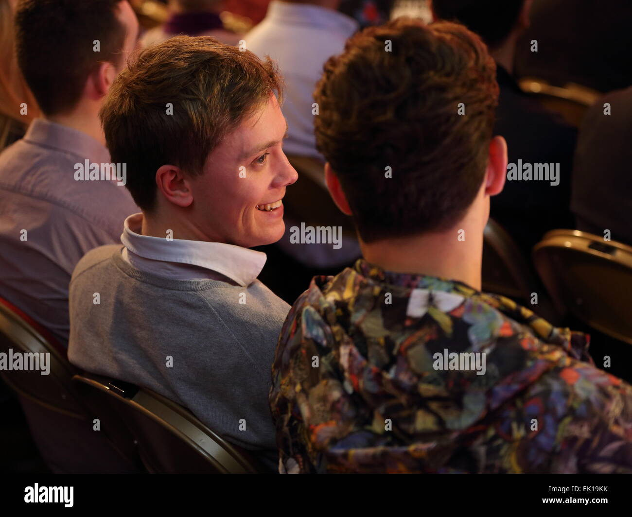 Warrington, UK. 4th April, 2015. Guardian columnist Owen Jones with Joey Essex at Labour Party election rally in Warrington, Cheshire, UK. Credit:  Simon Newbury/Alamy Live News Stock Photo