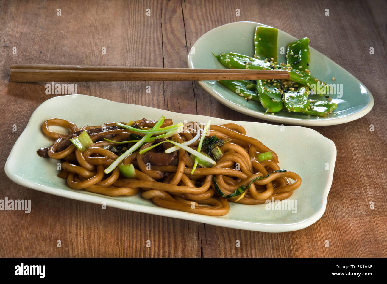 Stir fried udon noodles with bok choy, oyster mushroom and scallions