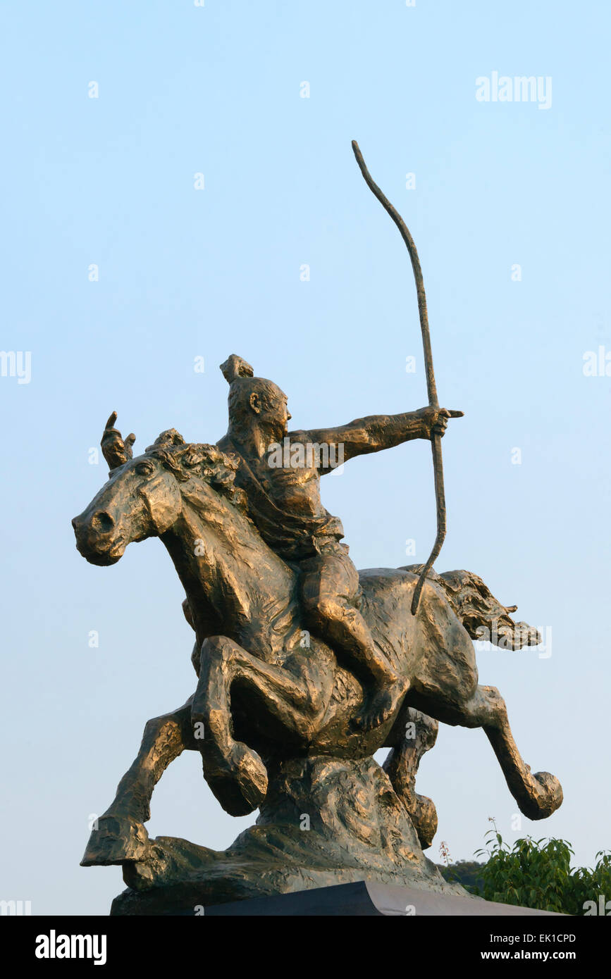 Statue of warrior on horseback shooting with arrow, Gifu, Gifu Prefecture, Japan Stock Photo