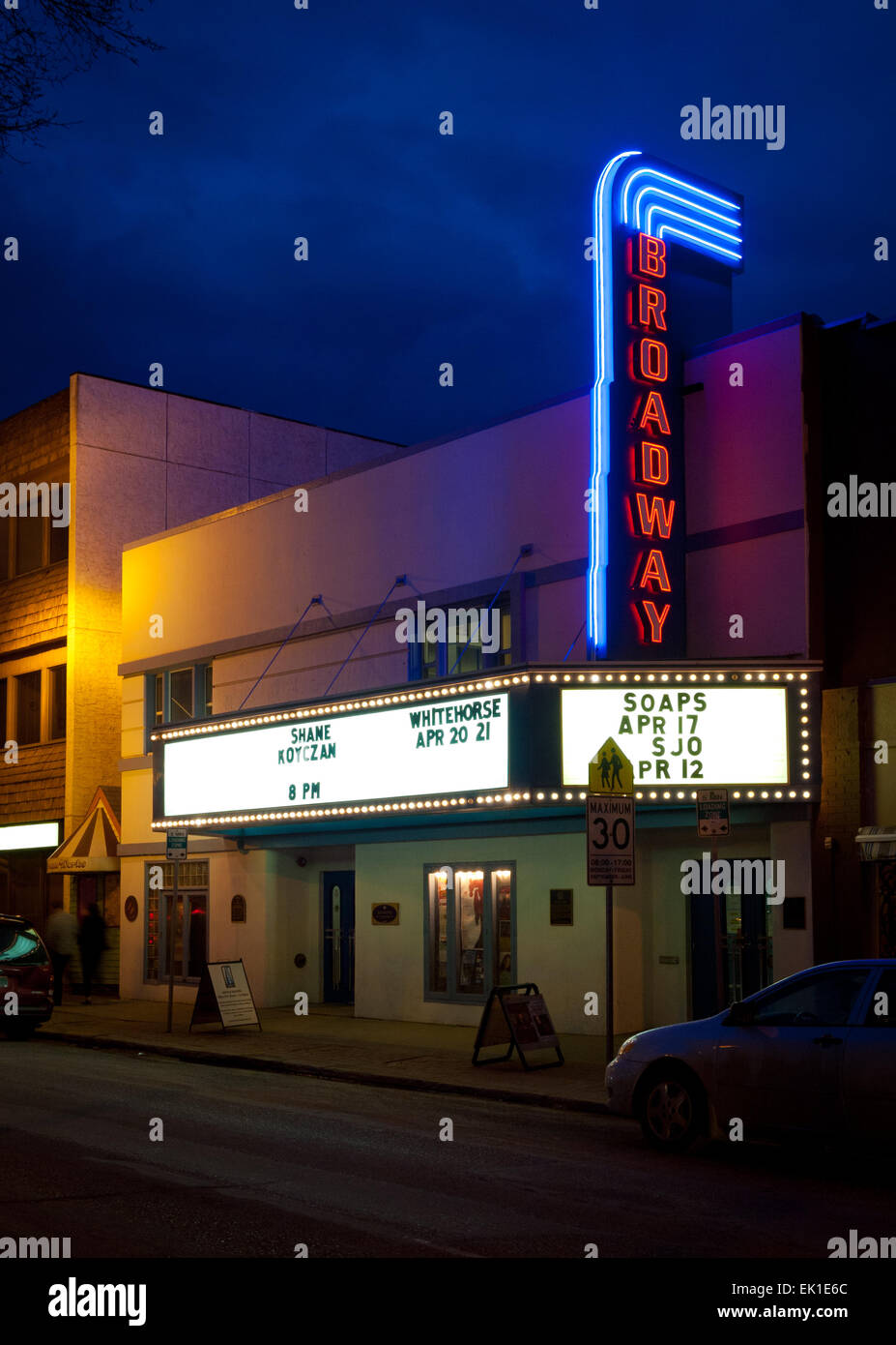 A night view of the historic Broadway Theatre in Saskatoon