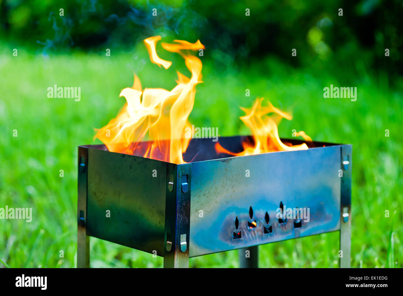 burning flame fire in the brazier on the nature Stock Photo