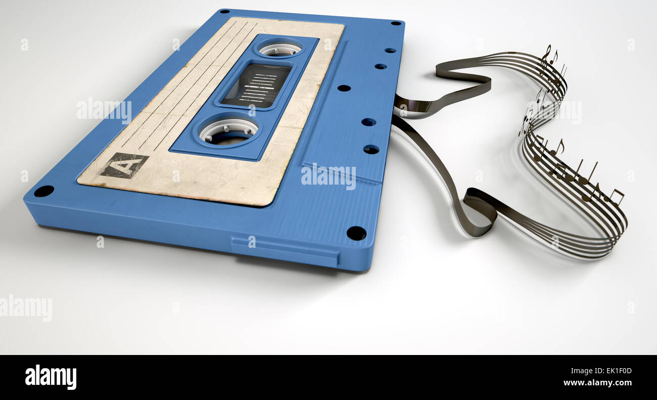 A concept view of a vintage audio cassette tape with a white label with ...