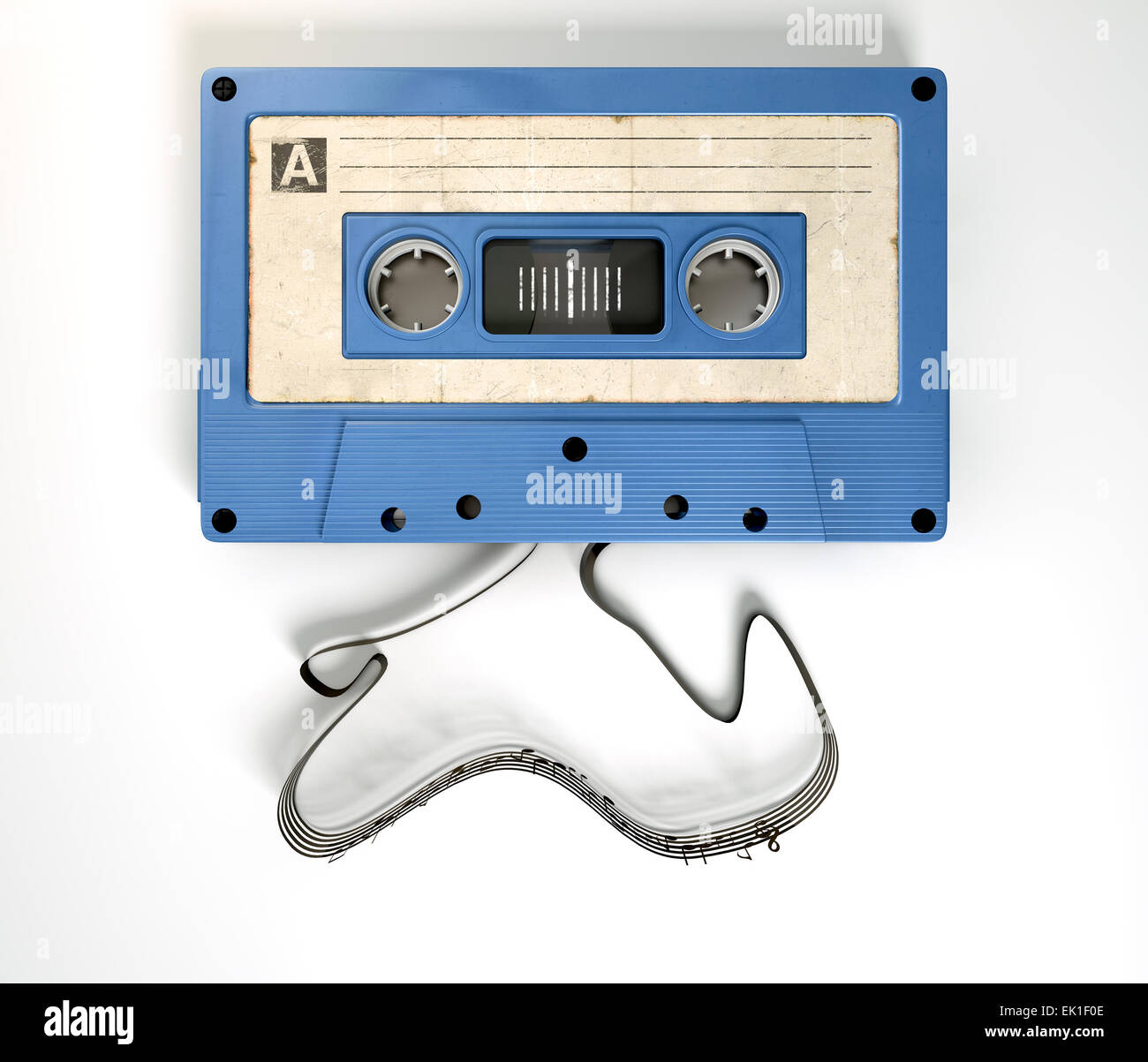 A concept view of a vintage audio cassette tape with a white label with ...