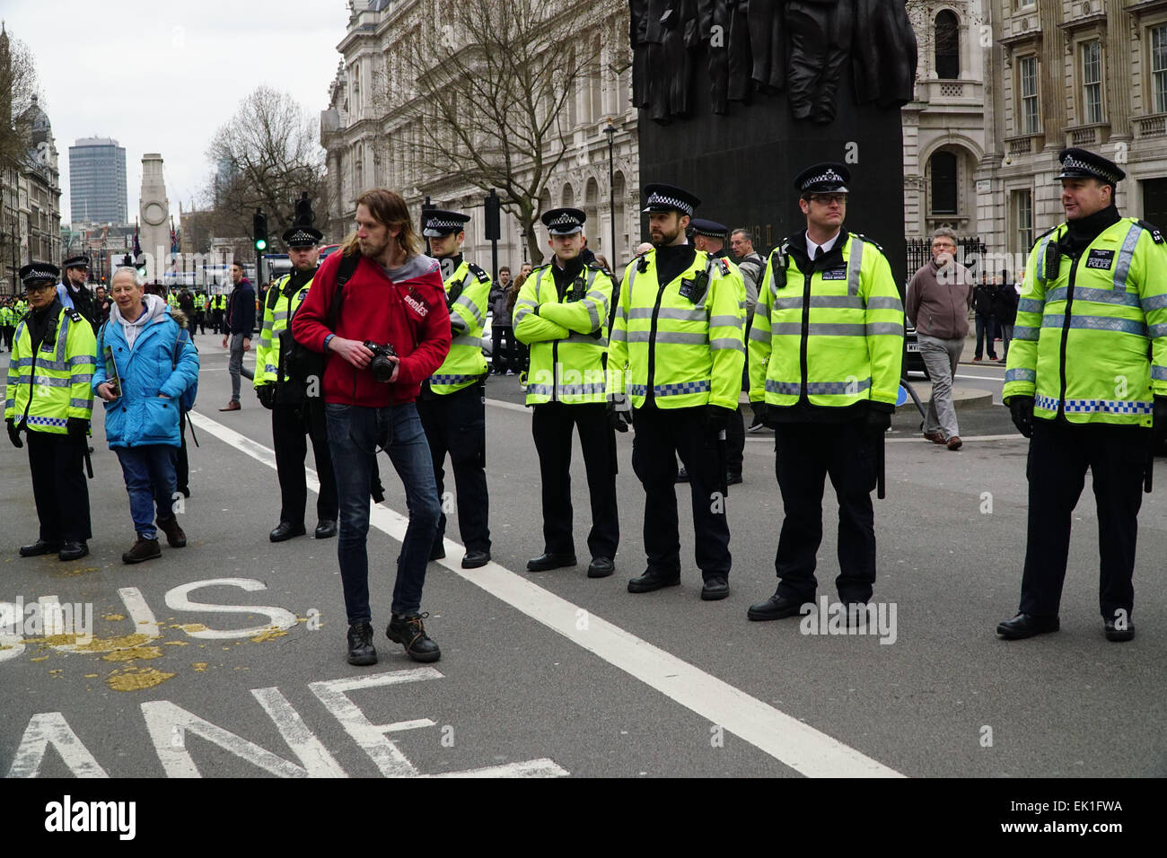 London, UK, 4th April, 2015. Anti-Fascist Bloc assembly at Trafalgar square then march to Whitehall counter attack with The English version of Pegida, the anti-Islam movement that originated in Germany, but were opposed by a larger anti-racist protest staged by the Unite Against Fascism (UAF) group.. . Photo by See Li Stock Photo