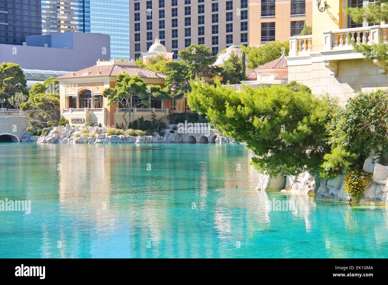 LAS VEGAS, NEVADA, USA - OCTOBER 21, 2013 : Fountain in Bellagio Hotel in Las Vegas, Bellagio Hotel and Casino opened in 1998. This luxury hotel owned by MGM Resorts International Stock Photo
