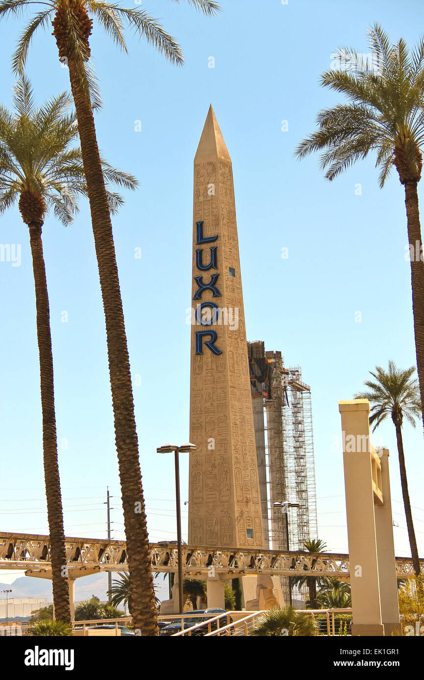 LAS VEGAS, NEVADA, USA - OCTOBER 21, 2013 : Obelisk near Luxor Hotel and Casino in Las Vegas. Theme hotel Egypt and it was opened in 1993 Stock Photo