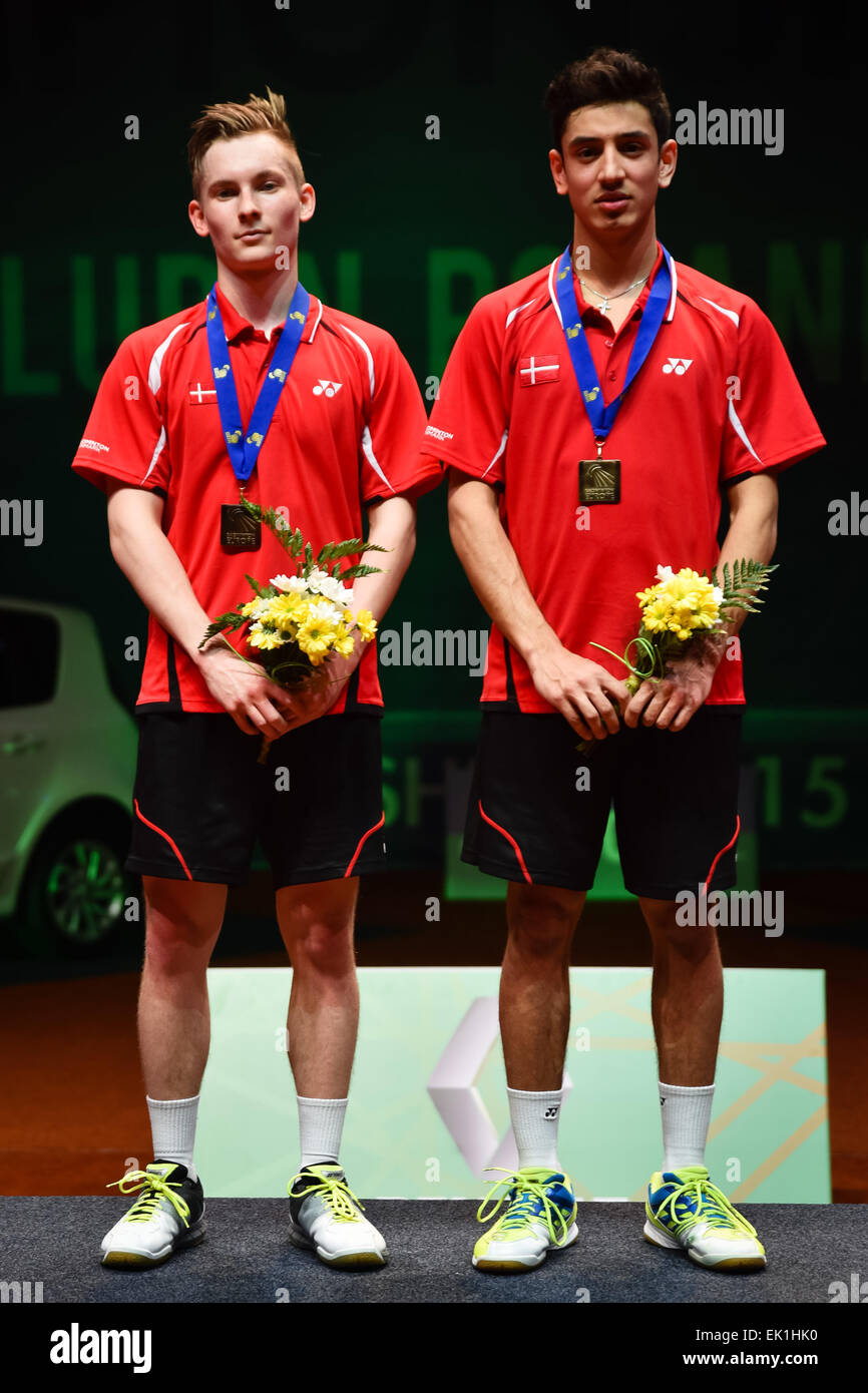 Lubin, Poland. 4th April, 2015. Final of individual tournament in badminton during European Junior Championships 2015. Winners men's doubles match Alexander Bond (L) and Joel Eipe (R) from Denmark Credit:  Piotr Dziurman/Alamy Live News Stock Photo