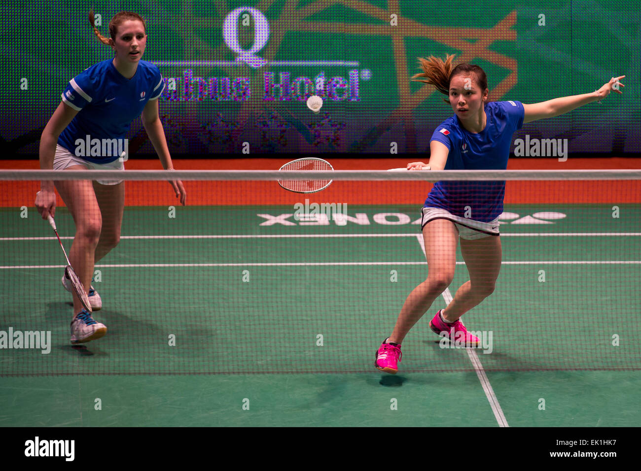Lubin, Poland. 4th April, 2015. Final of individual tournament in badminton during European Junior Championships 2015. Women's doubles match between Danmark (red): Julie Dawall Jakobsen and Ditte Soby Hansen - France (blue): Verlaine Faulmann (L) and Anne Tran (R) Credit:  Piotr Dziurman/Alamy Live News Stock Photo