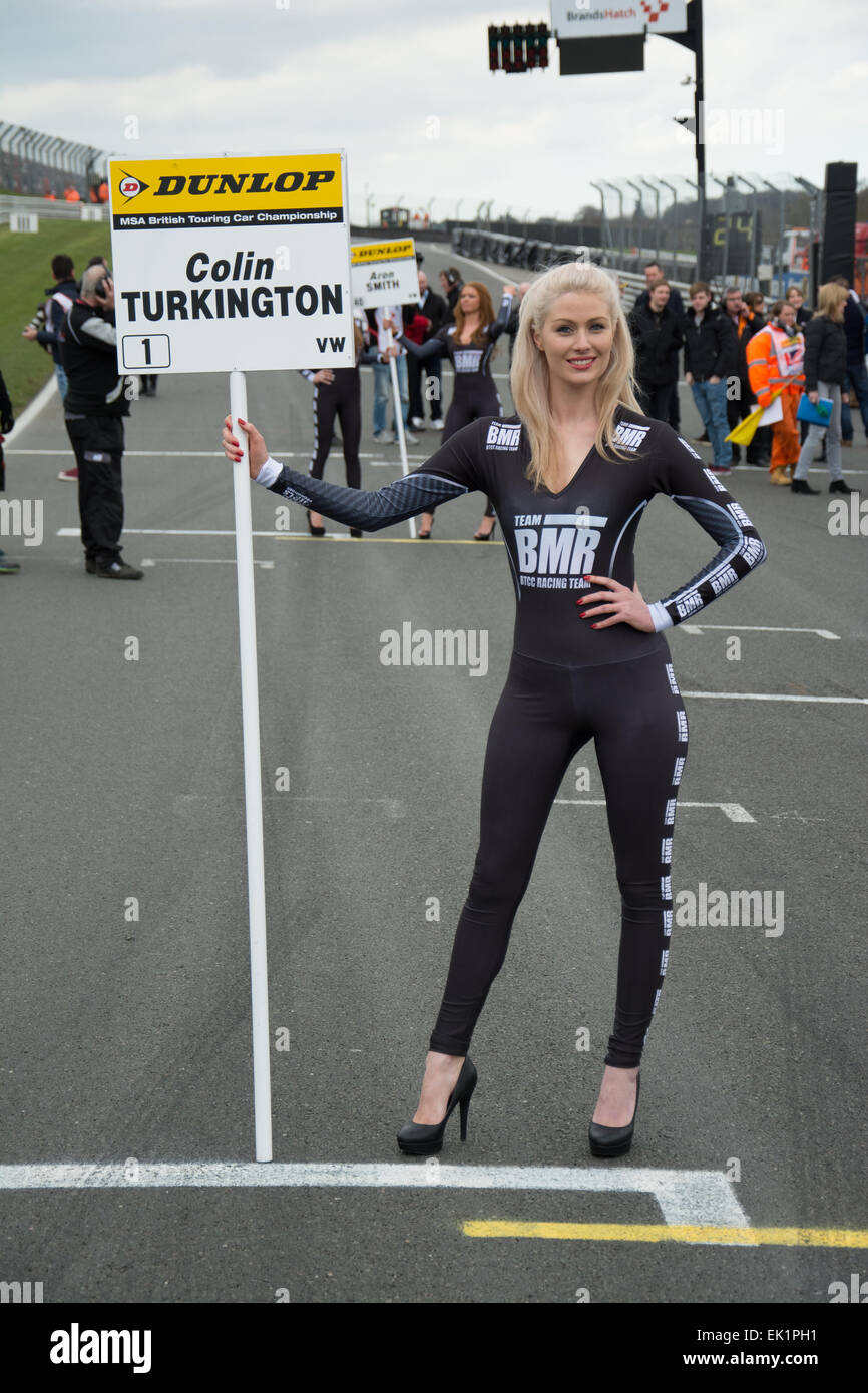 Brands Hatch, Fawkham, Longfield, UK. 5th April, 2015. Colin Turkington and Team BMR Grid Girl during the Dunlop MSA British Touring Car Championship at Brands Hatch. Credit:  Gergo Toth/Alamy Live News Stock Photo