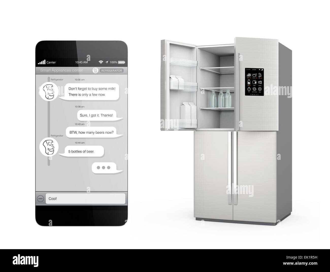 Smart refrigerator with LCD screen for monitoring. User can chat to refrigerator by smartphone